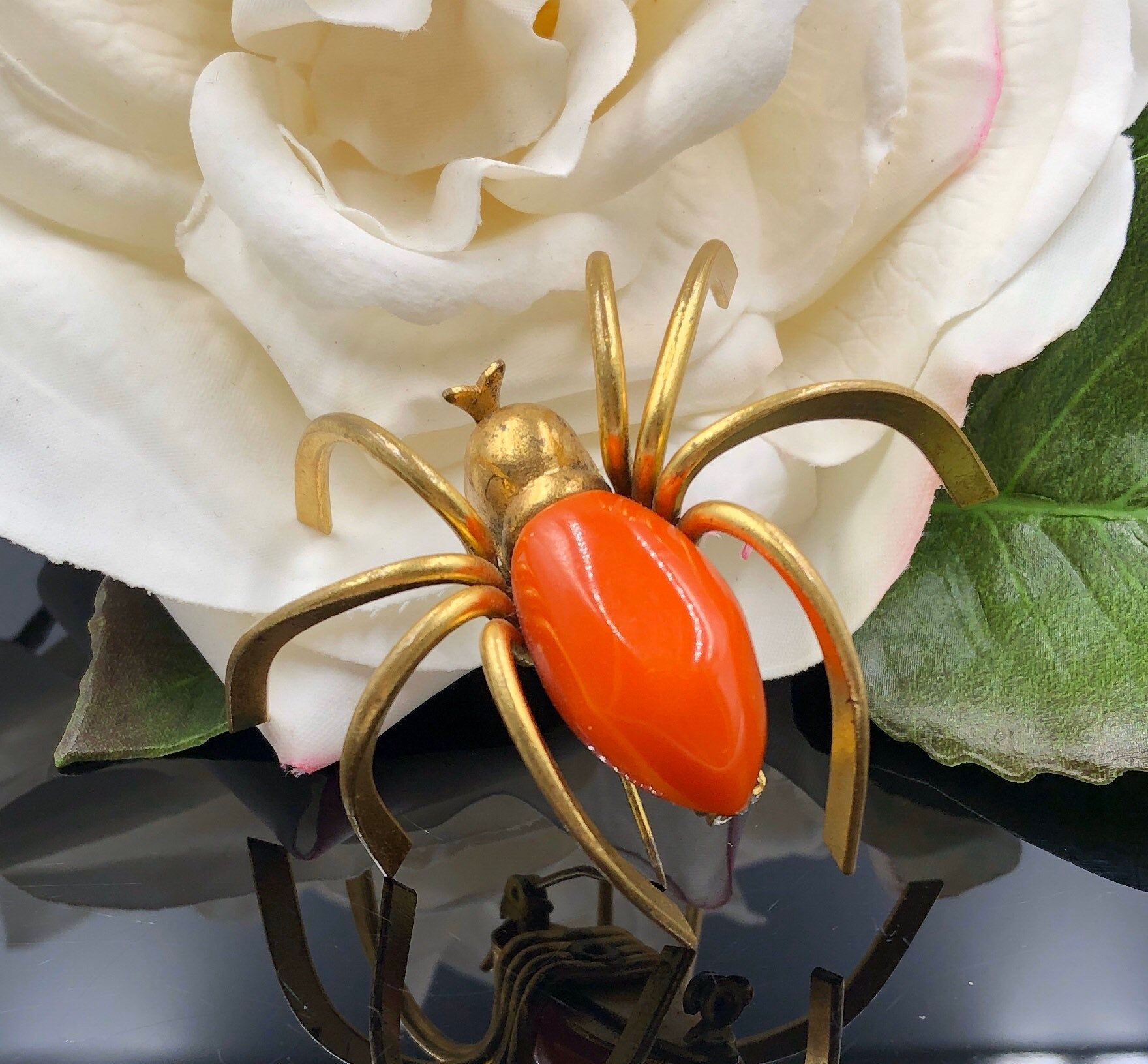 Art Deco Pumpkin Orange Bakelite Spider Brooch, Dimensional Spider
