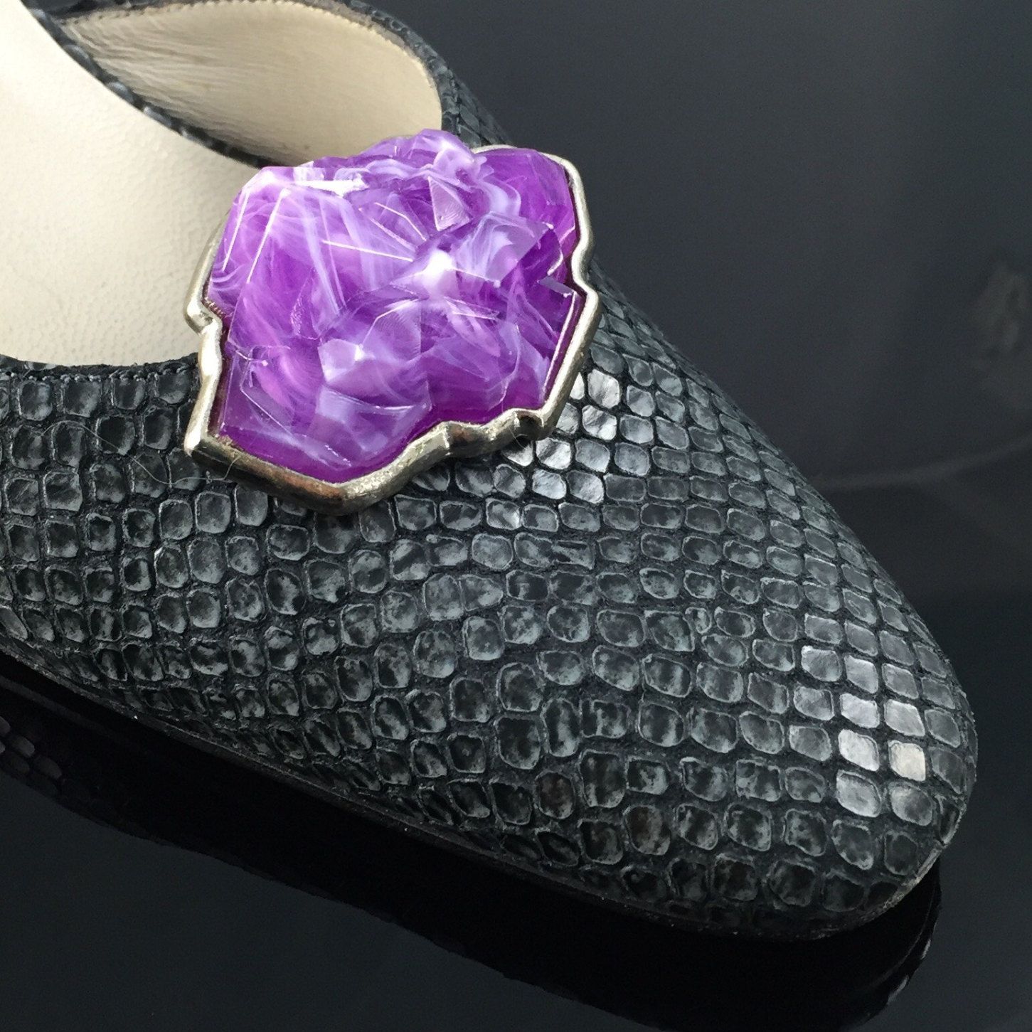 Bluette Shoe Clips Vintage 80s Made in France, Amethyst Crystal