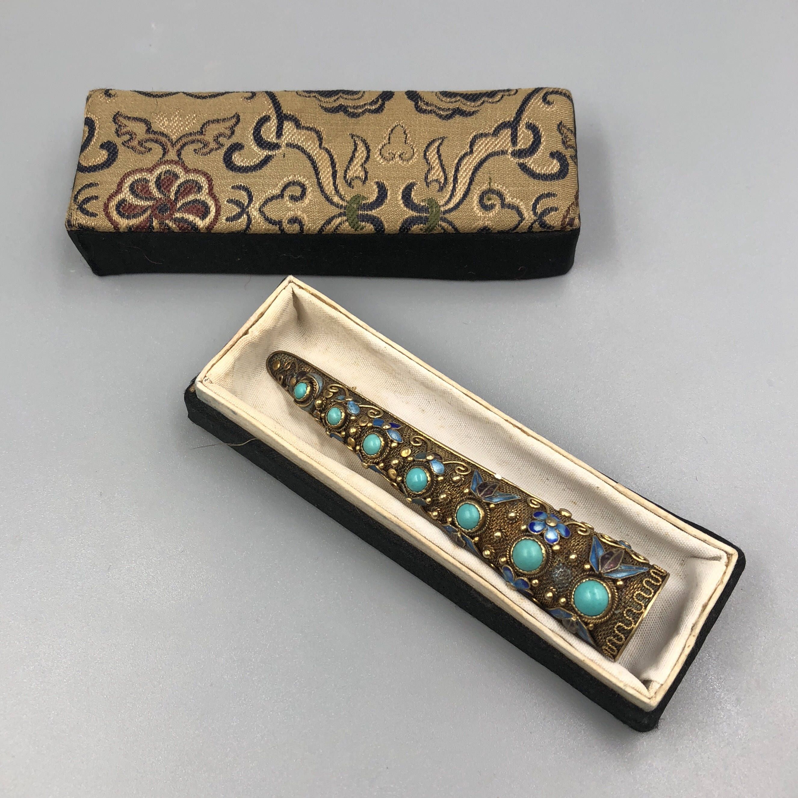 Chinese Export Silver Turquoise Fingernail Guard Brooch