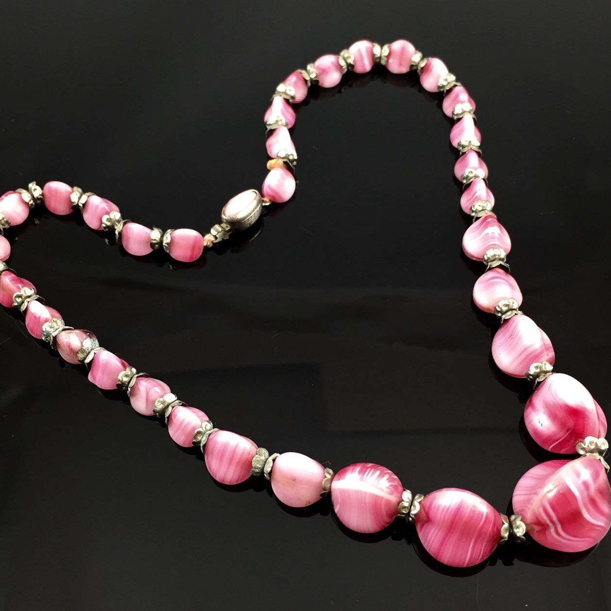 Vintage 27 Necklace Pink/tan Speckled Porclain Beads. 