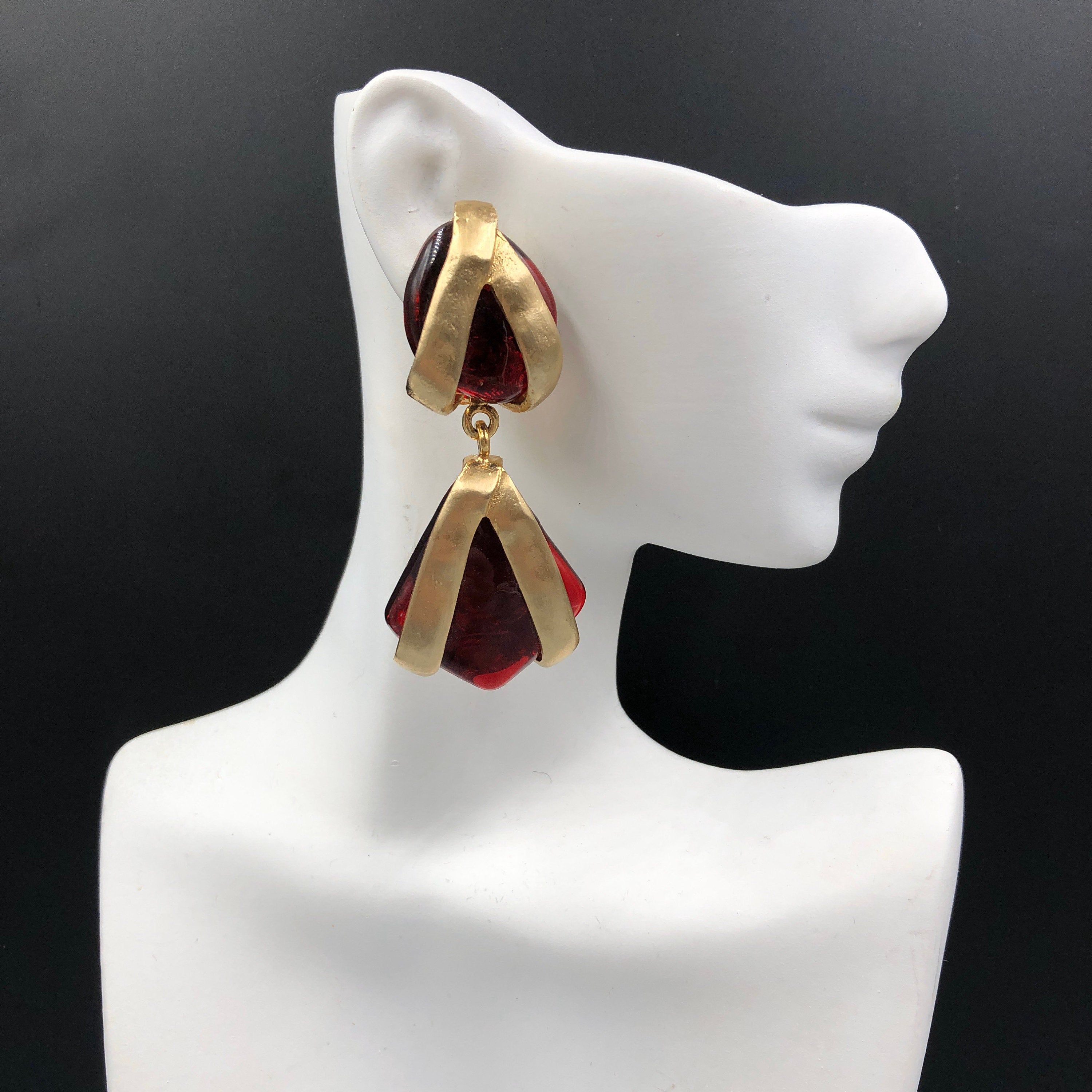 Vintage Les Bernard Red Acrylic and Gold Plated Statement Earrings