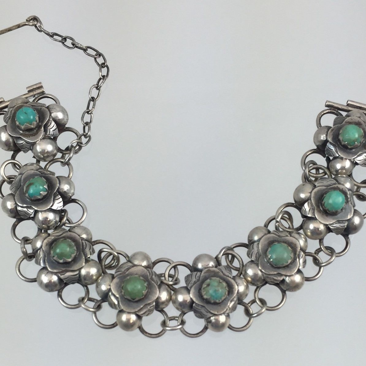 Old Early Taxco 980 Fine Silver Turquoise Bracelet Vintage 1940s