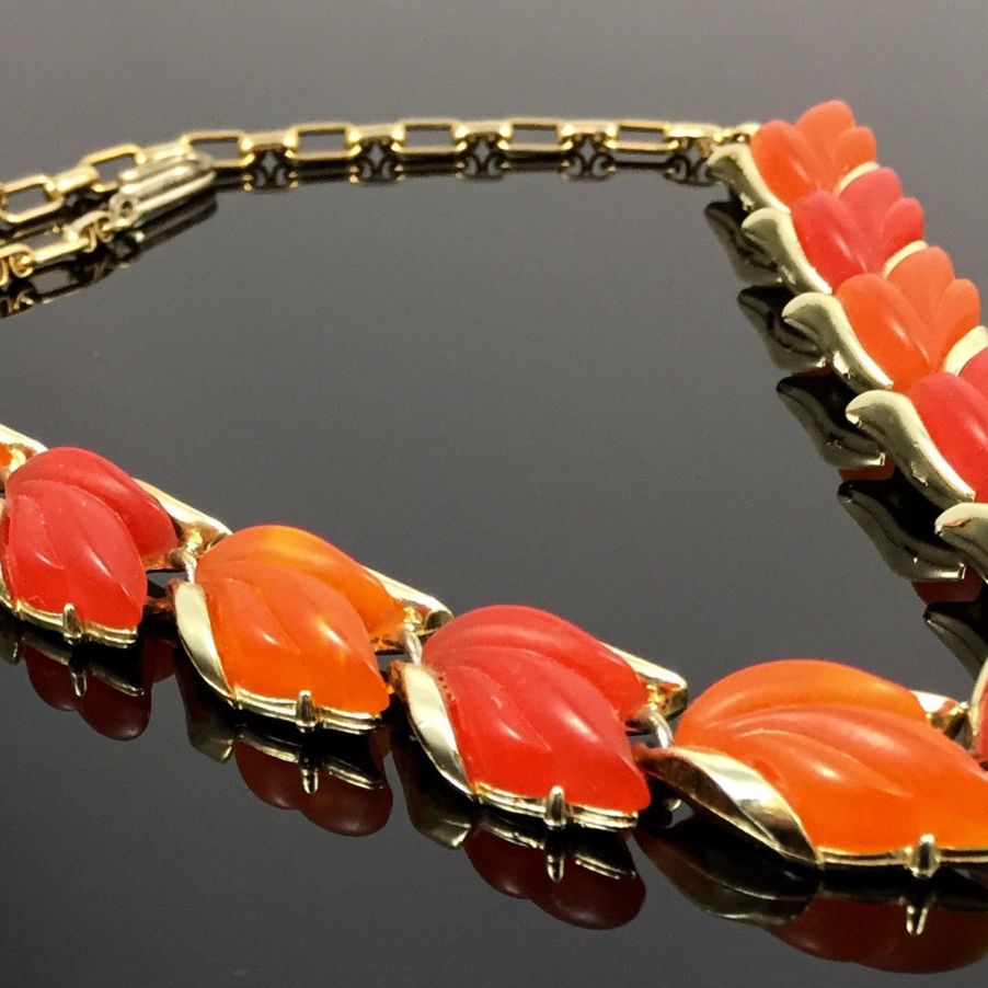 Pakula Orange & Reddish Orange Frosted Lucite Leaf Necklace