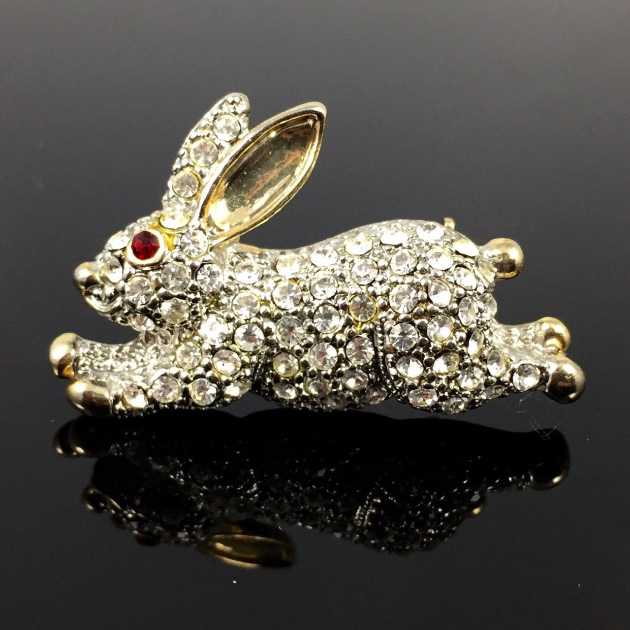 Rhinestone Bunny Rabbit Brooch Vintage 70s