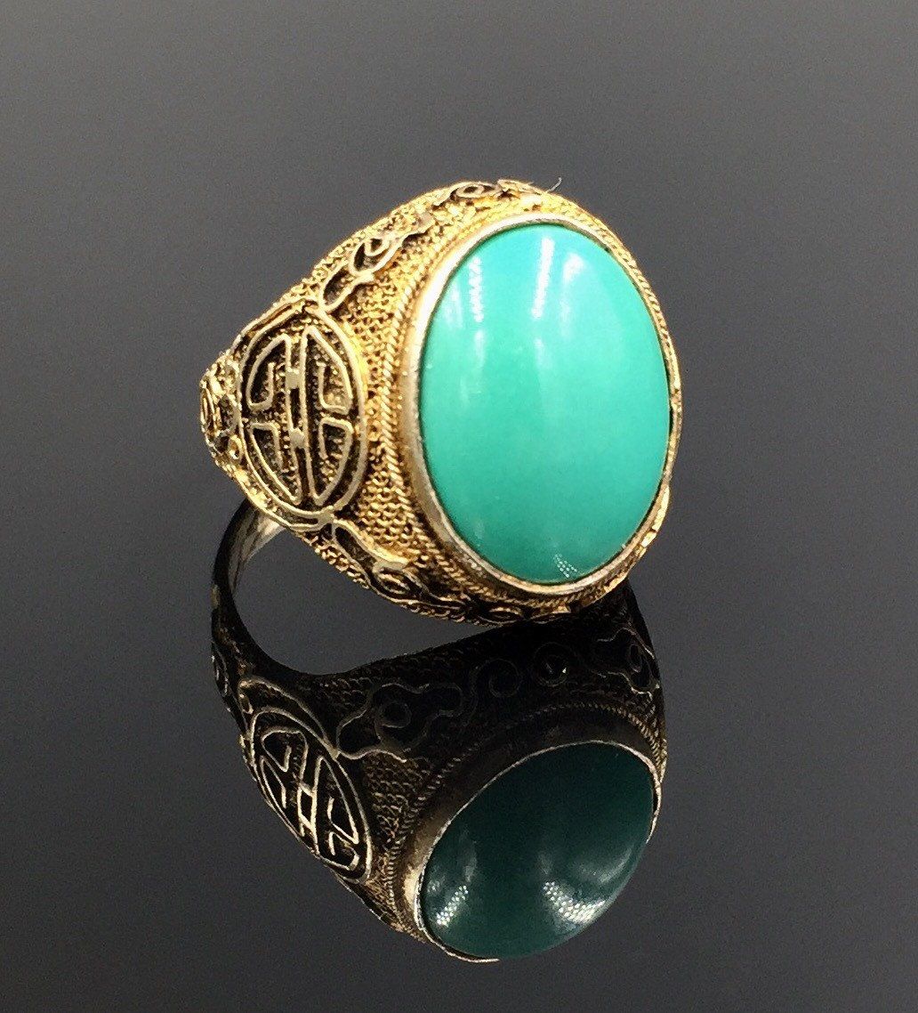 Silver Gilt Turquoise Adjustable Ring - Vintage 1920s Early