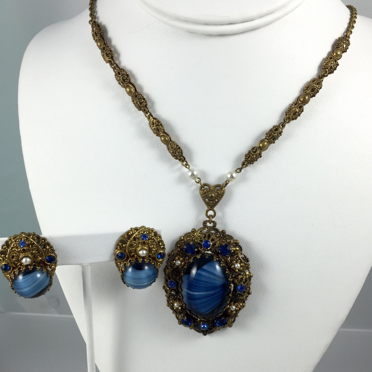 West Germany Swirled Blue Art Glass Necklace Earrings Set